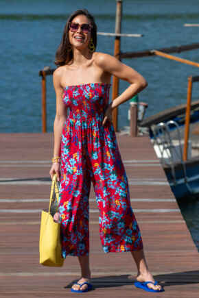 Strapless Shirred Bodice Crop Leg Beach Jumpsuit - Red Floral