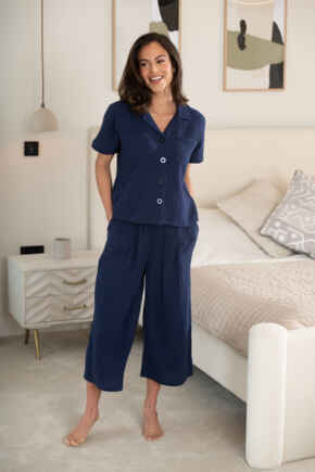 Woven Double Cloth Revere Collar Shirt & Cropped Trouser Pyjama Set - Navy