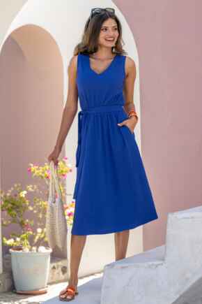 Built Up Shoulder Cotton Slub Jersey Midi Dress - Ultramarine