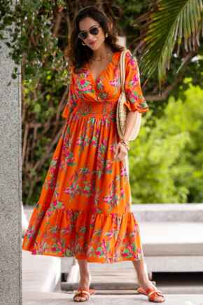 Carmen Fuller Bust Elasticated Neckline Woven Midaxi Dress - Zest