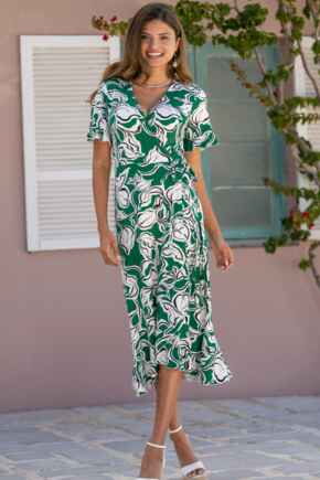 Megan Stretch Jersey Wrap Midi Dress - Green/White