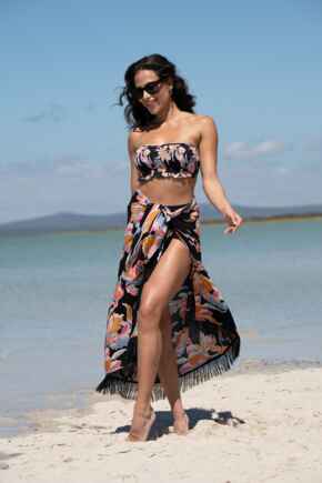 Fringe Trim Crinkle Woven Multiway Sarong - Black Floral