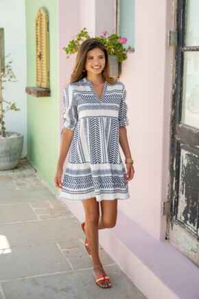 Linen Blend Beach Kaftan Dress - Navy/White