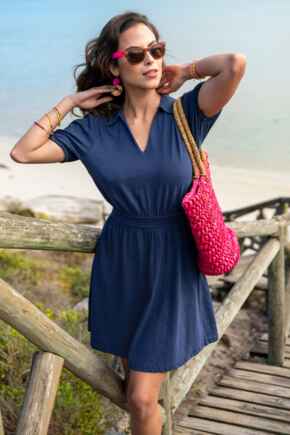Cotton Slub Jersey Puff Sleeve Shirt Dress - Navy