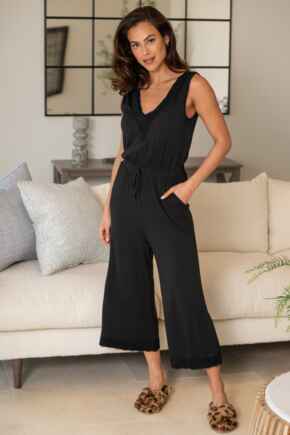 Sofa Loves Lace Hidden Support Cropped Wide Leg Jumpsuit  - Black