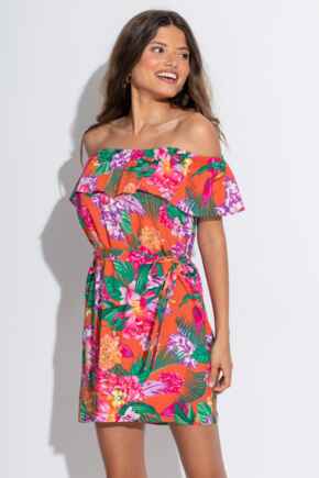 LENZING™ ECOVERO™ Viscose Frill Belted Bardot Dress - Orange Tropic