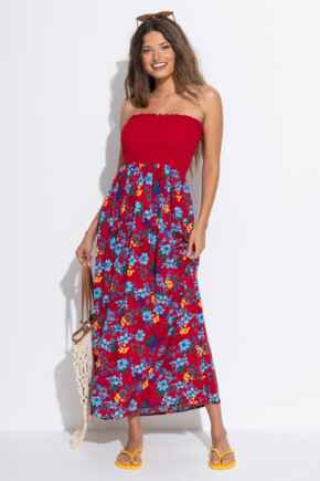 Emma Strapless Shirred Bodice Maxi Beach Dress - Red Floral