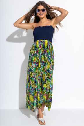 Removable Straps Shirred Split Maxi Dress - Navy Fern