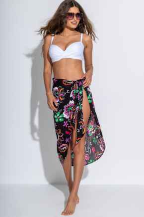 Crinkle Viscose Wrap Sarong Skirt - Black/Multi