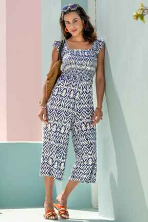 Frill Detail Cotton Slub Crop Leg Jumpsuit - Blue/White