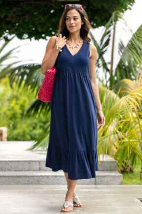 Crochet Bodice Cotton Slub Midi Dress - Navy