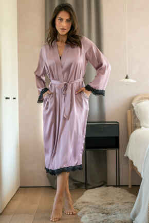 Dusk Satin and Lace Kimono Sleeve Gown - Mauve/Black