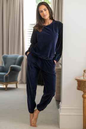 Ribbed Cosy Fleece Lounge Pyjama Set - Navy