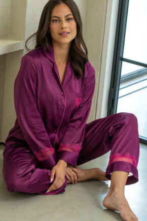 Dusk Satin and Lace Revere Collar Pyjama Set - Berry/Pink