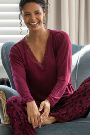 Brushed Rib Lace Trim V-Neck Lounge Pyjama Set - Berry Leopard