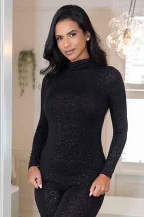 Second Skin Thermal Roll Neck Top - Glitter Black