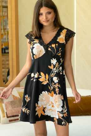 Dusk Printed Satin Lace Capped Sleeve Chemise - Black/Gold