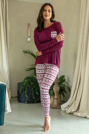 Soft Touch Jersey Fairisle Legging Pyjama Set - Red/White