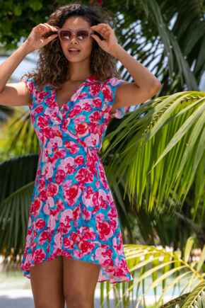 Penny Frill Wrap Beach Dress - Blue/Pink