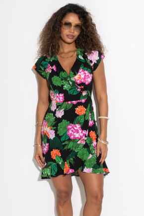 Penny Frill Wrap Beach Dress - Black/Green/Pink