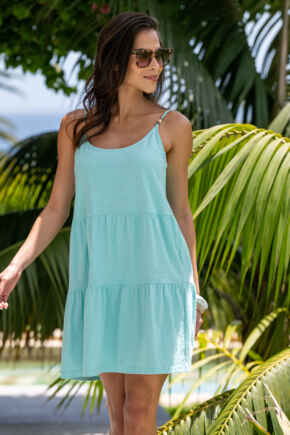 Lola Strappy Tiered Cotton Slub Jersey Beach Dress - Aqua