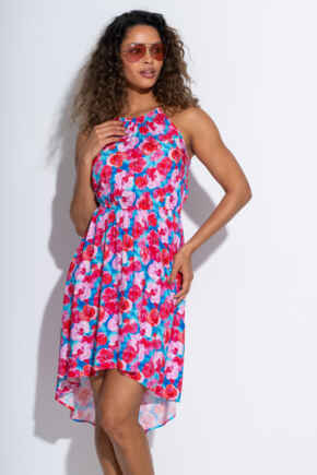 Amber Gold Chain High Neck Beach Dress - Blue/Pink