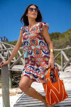 Gracie Crinkle Frill Swing Beach Dress - Navy/Aqua