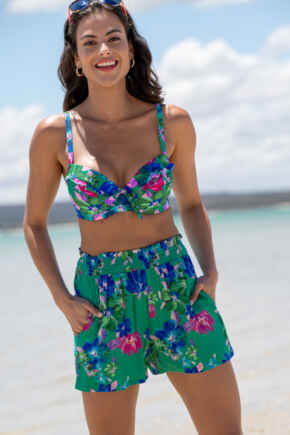 Shirred Waist Woven Beach Short - Green Floral