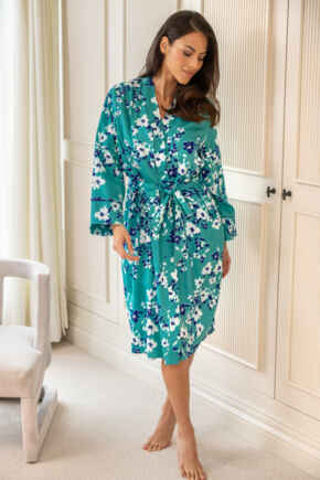 Pure Cotton Dressing Gown - Teal/Aqua