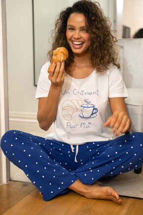 Cotton Jersey Croissant Trouser Pyjama Set - White/Blue