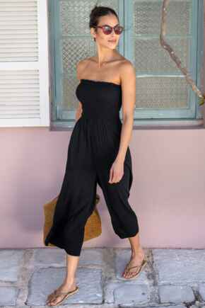 Anna Strapless Shirred Bodice Crop Leg Beach Jumpsuit - Black