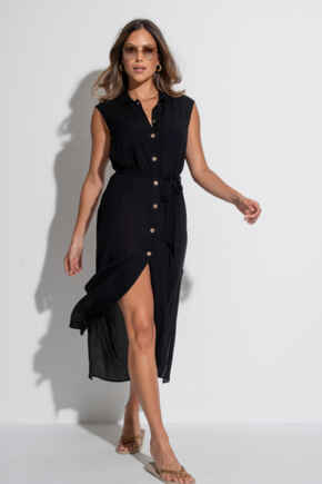 Sleeveless Crinkle Maxi Beach Shirt Dress - Black