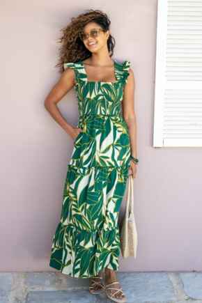 Lucy Cotton Poplin Tiered Maxi Dress - Ivory/Green Tropical