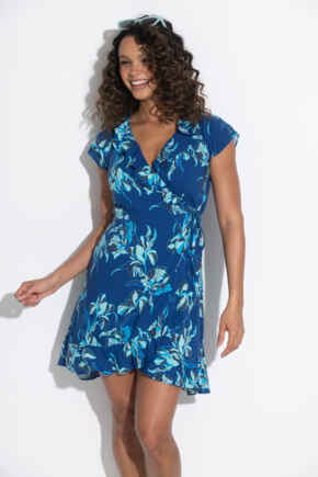 Penny Frill Wrap Beach Dress - Navy Floral