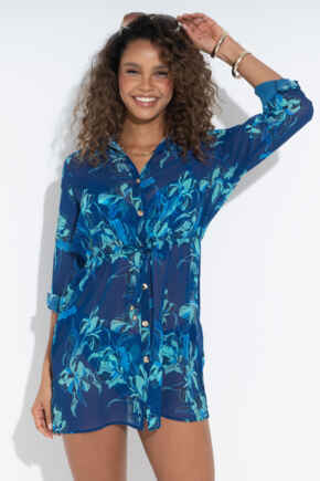 Chiffon Button Through Beach Shirt - Navy Floral
