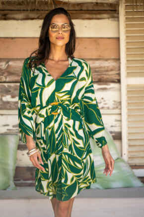 Crinkle O-Ring Woven Beach Kaftan - Ivory/Green Tropical