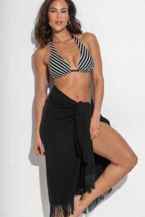 Fringe Trim Crinkle Multiway Sarong - Black