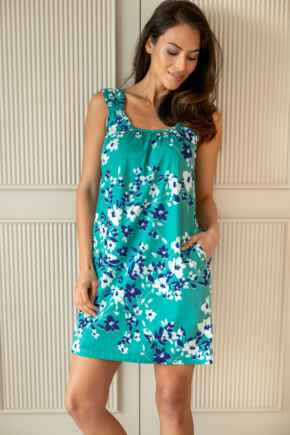 Pure Cotton Square Neck Short Chemise - Teal/Aqua