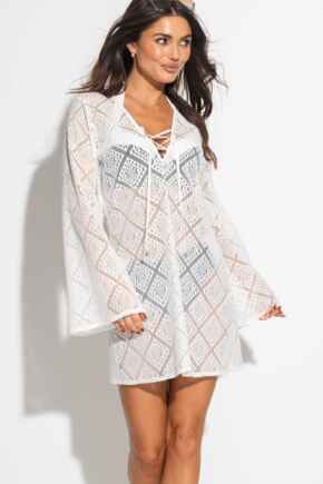 Free Spirit Crochet Lace Long Sleeve Beach Cover Up - Ivory