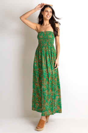 Emma Strapless Shirred Bodice Maxi Beach Dress - Green Ditsy