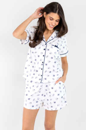 Cotton Jersey Printed Revere Collar Short Pyjama Set - White/Navy