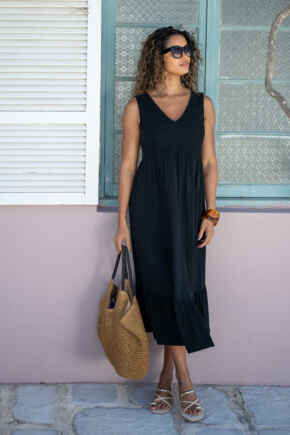 Crochet Bodice Cotton Slub Midi Dress - Black