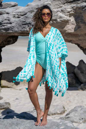 Woven Tassel Kimono - White/Aqua