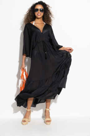 Tassel Trim Tiered Maxi Kaftan - Black
