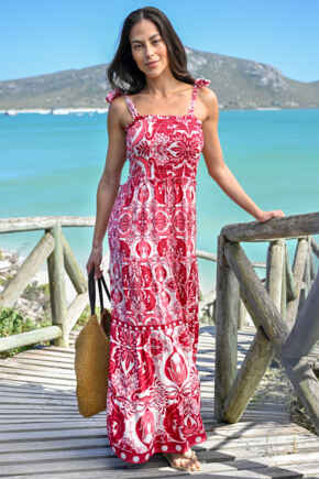 Hallie Tie Strap Tiered Maxi Dress - White/Red