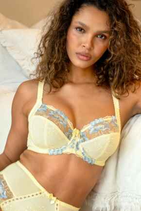 Sofia Lace Embroidered Side Support Bra D-J - Soft Lemon/Blue