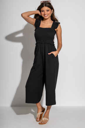 Iris Frill Detail Cotton Slub Crop Leg Jumpsuit - Black