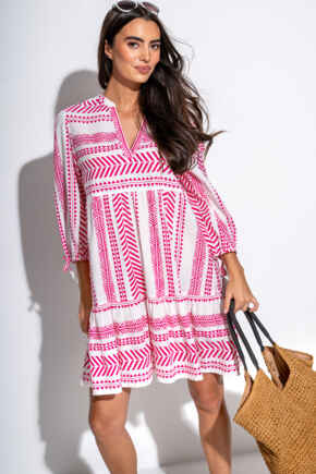 Claire Linen Blend Beach Kaftan Dress - White/Pink