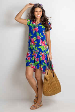 Gracie Crinkle Frill Swing Beach Dress - Ultramarine-Pink