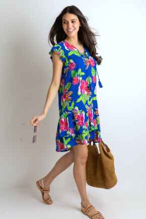 Gracie Crinkle Frill Swing Beach Dress - Ultramarine-Pink